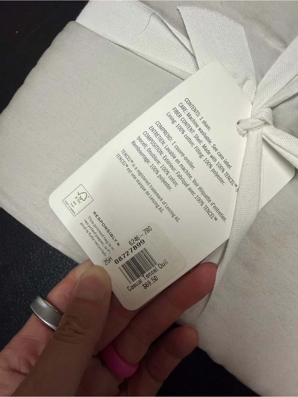 Pottery Barn Casual Tencel Lyocell EURO Pillow Sham Cover Stitched Look Gray NWT